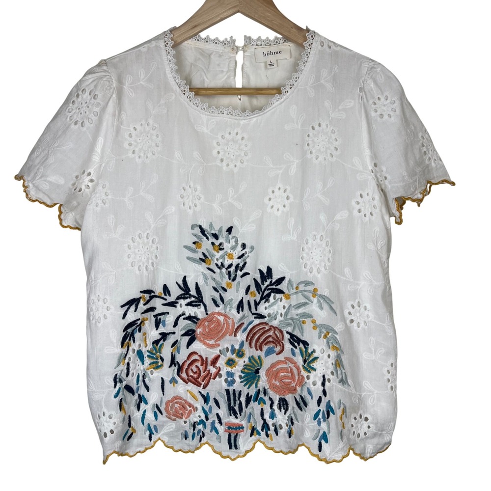 Bohme White Floral Eyelet Embroidered Blouse Scalloped Short Sleeve Large